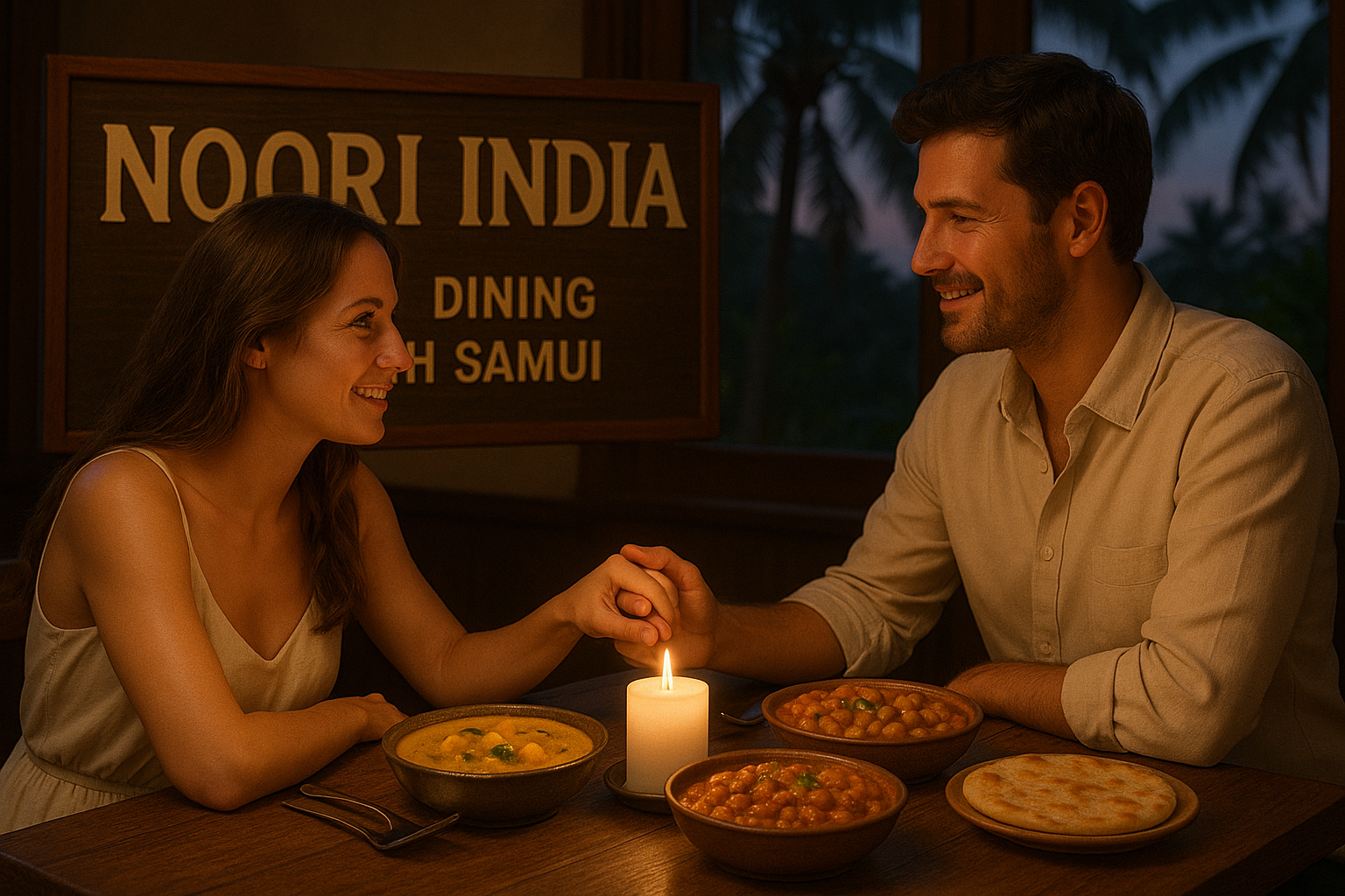Authentic Indian food in Koh Samui served at Noori India – featuring butter chicken, naan, biryani, paneer tikka, and gulab jamun.